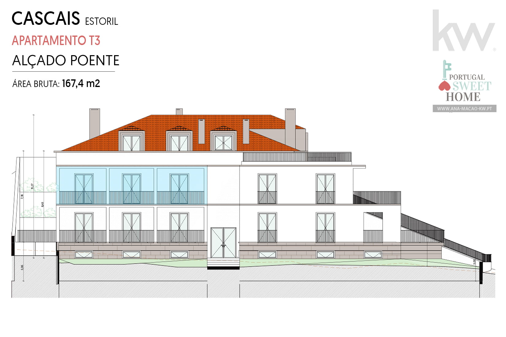 West elevation of the condominium (apartment marked in blue)